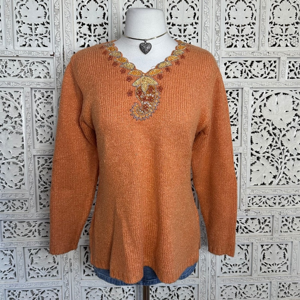 Orange V Neck‎ Sequin Beaded Paisley Fairycore Chunky Ribbed Sweater